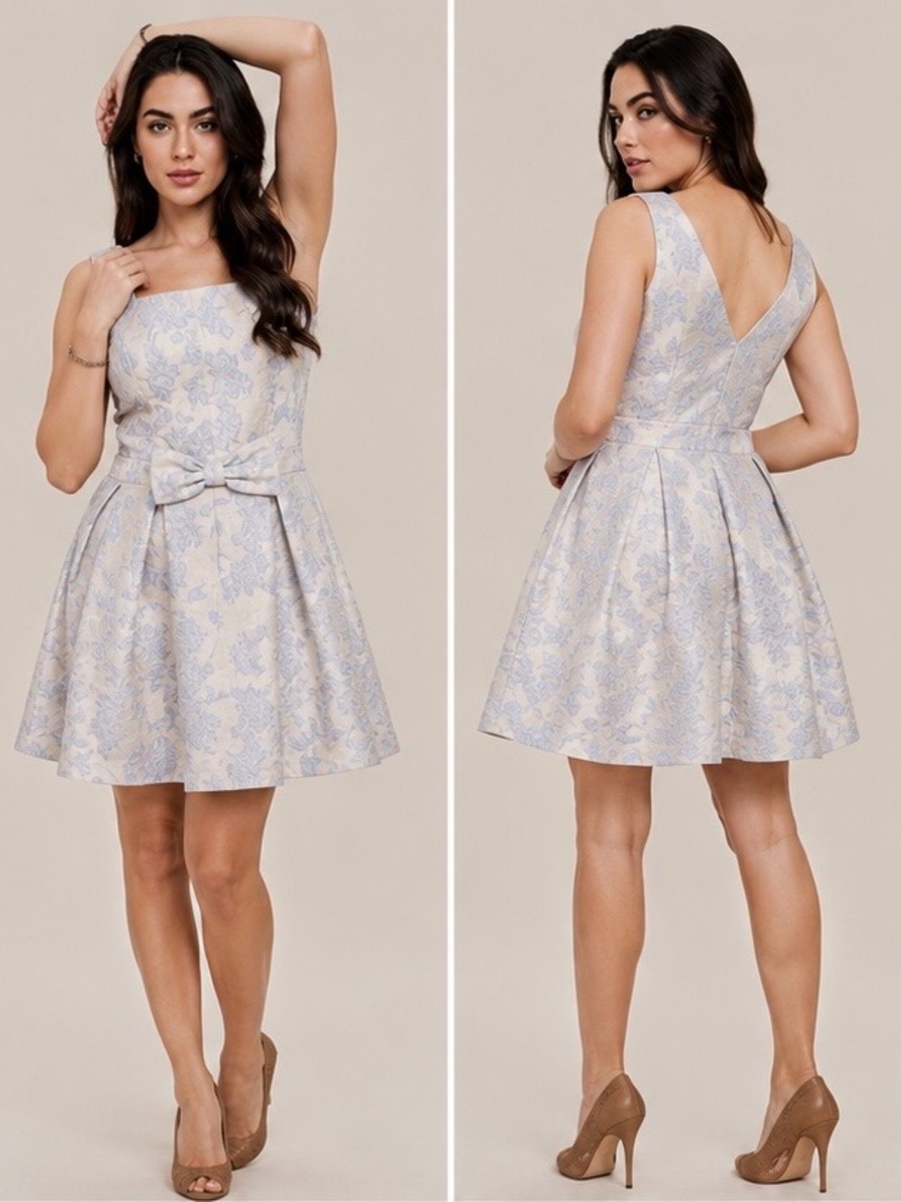 Divided Light Blue and Cream Floral Fit-and-Flare Midi Dress
